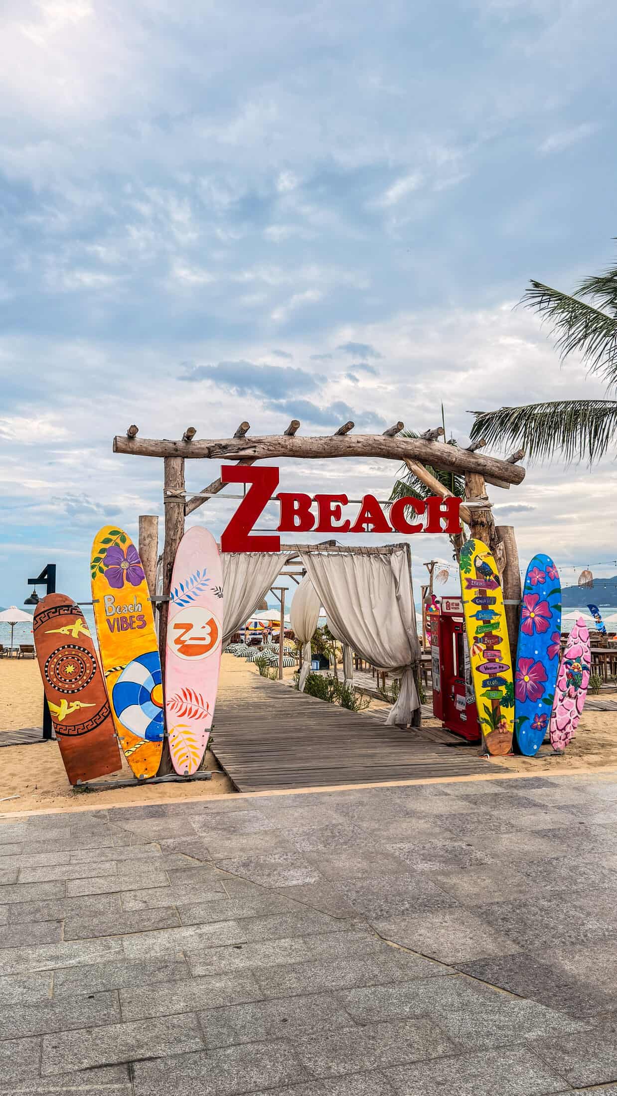 Colorful surfboard entrance arch at Z Beach, Quy Nhon