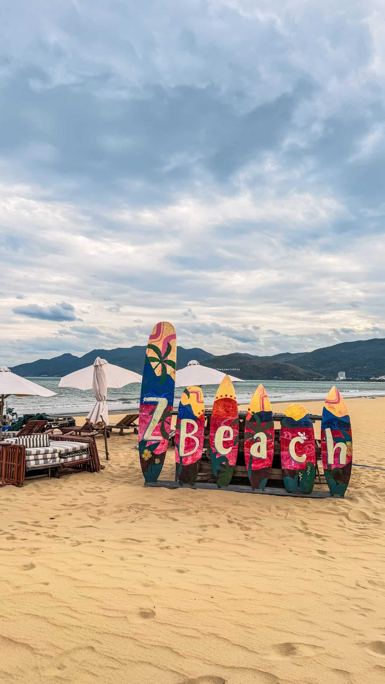 Colorful surfboard entrance arch at Z Beach, Quy Nhon